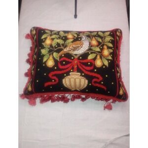 Partridge In A Pear Tree Tassel Needlepoint Throw Pillow 18x13 Velvet